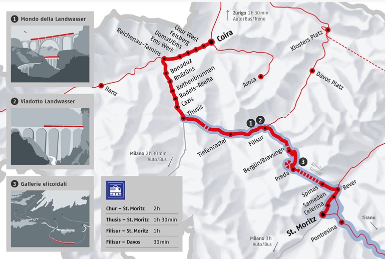 mappa del percorso ferroviario Bernina Albula in Svizzera