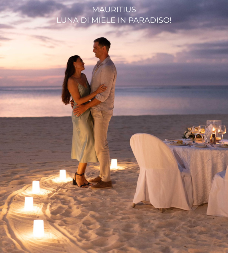 Un abbraccio romantico sulla spiaggia di Mauritius al tramonto, con cena a lume di candela e atmosfera perfetta per una luna di miele indimenticabile.